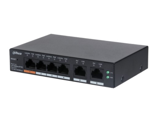 Dahua CS4006-4ET-60 Switch Cloud managed con 6 porte (4 PoE 10/100 Mbps < 60 W + 2 Gigabit (10/100/1000 Mbps) uplink)), capacità switching 4.8 Gbps, rate inoltro pacchetti 3.57 Mpps, orange port 60 W, PoE watchdog, trasmissione PoE fino a 250 m, 53 Vdc, alimentatore incluso