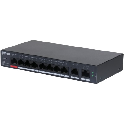 Dahua CS4010-8ET-110 Switch Cloud managed con 10 porte (8 PoE 10/100 Mbps <110 W + 2 Gigabit (10/100/1000 Mbps) uplink)), capacità switching 5.6 Gbps, rate inoltro pacchetti 4.17 Mpps, red port BT 90 W, PoE watchdog, trasmissione PoE fino a 250 m, 53 Vdc, alimentatore incluso