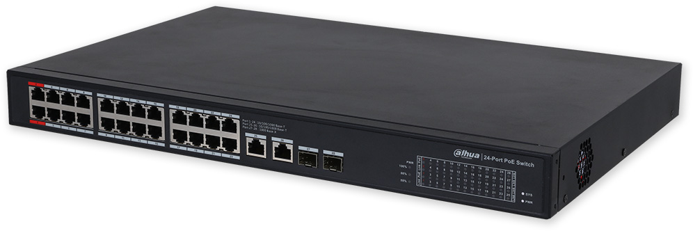 Dahua CS4228-24GT-375 Switch Cloud managed con 28 porte Gigabit (24 RJ-45 10/100/1000 Mbps PoE + 2 uplink 10/100/1000 + 2 SFP 1000 Mbps uplink), capacità switching 56 Gbps, rate inoltro pacchetti 41.66 Mpps, 100~240 Vdc, alimentatore incluso