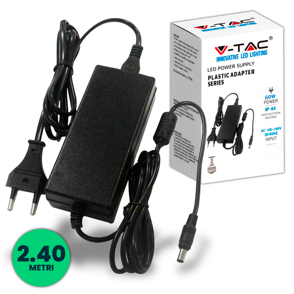 v-TAC - SKU-3239 - Alimentatore per Strip LED 60W 12V 5A Plug and Play con Jack 2.1 e Cavo 2.4m con Spina, Protezione EMI e Cortocircuito IP44