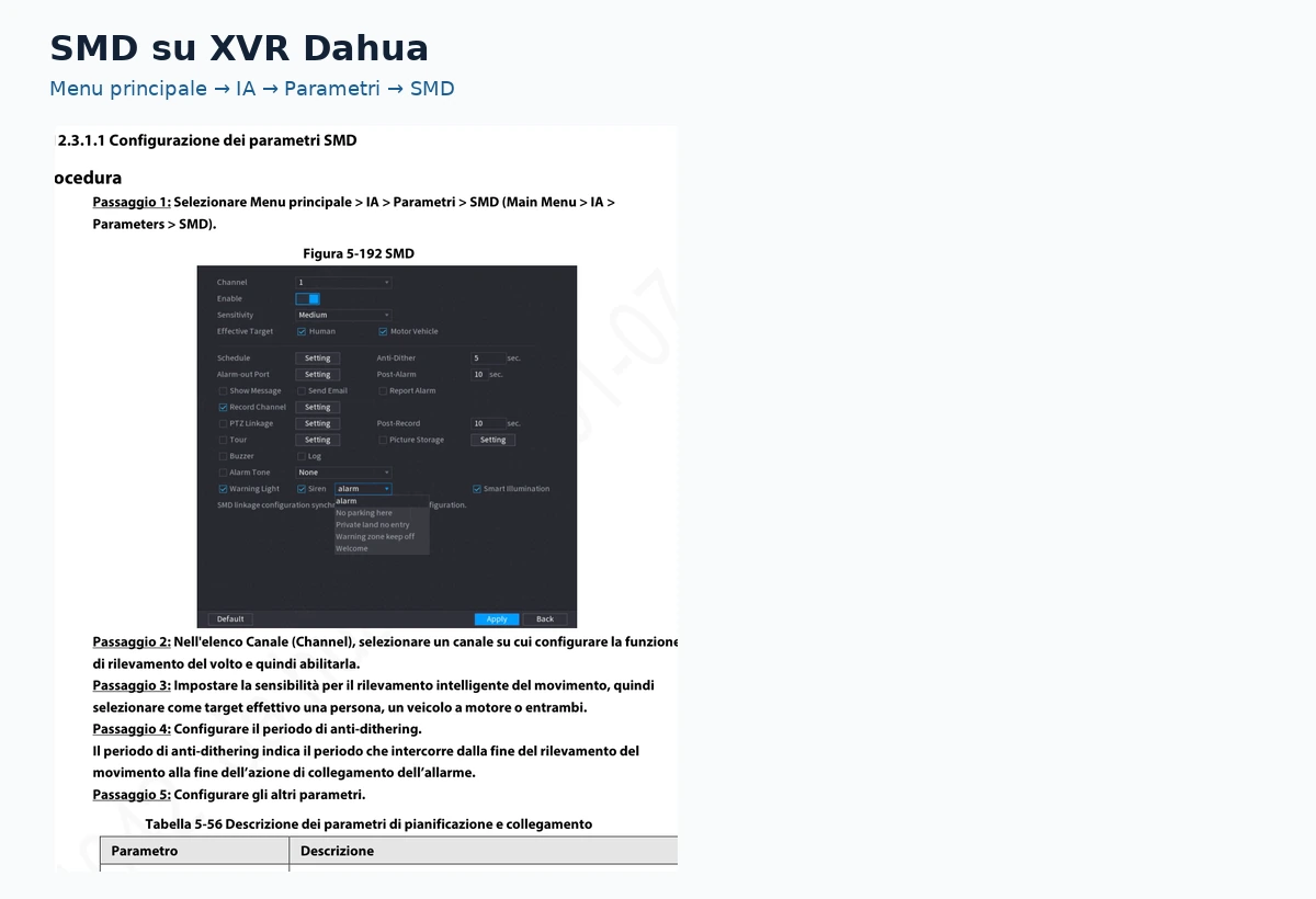 Configurazione parametri SMD su XVR Dahua